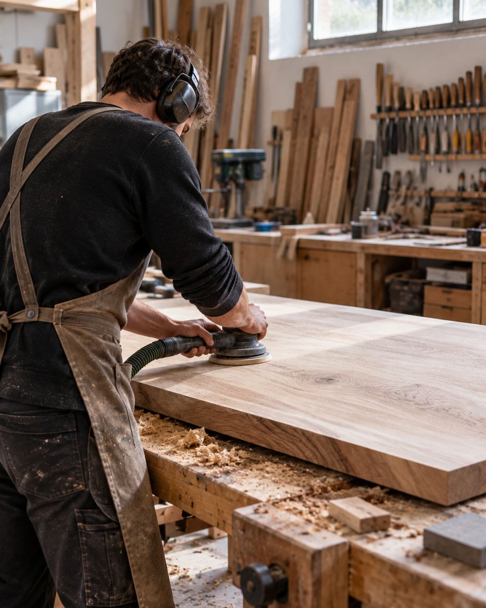 Un menuisier vu de dos ponce un plateau de table en bois massif sur l'établi de l'atelier