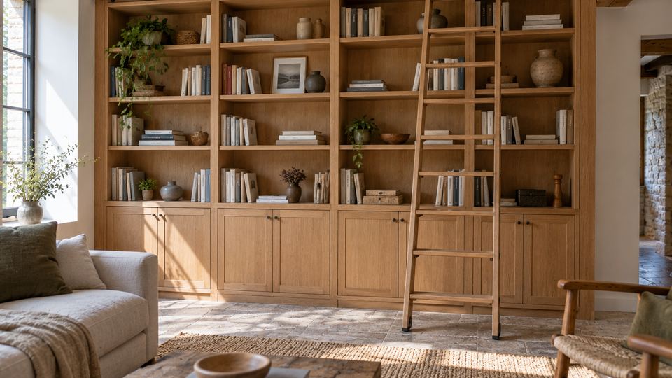 Bibliothèque en chêne du sol au plafond, avec une échelle coulissante sur rail