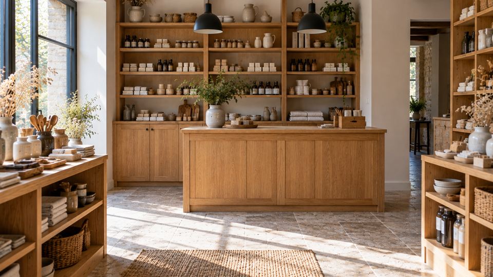 Boutique agencée en chêne : comptoir central, rayonnages muraux et étagères basses
