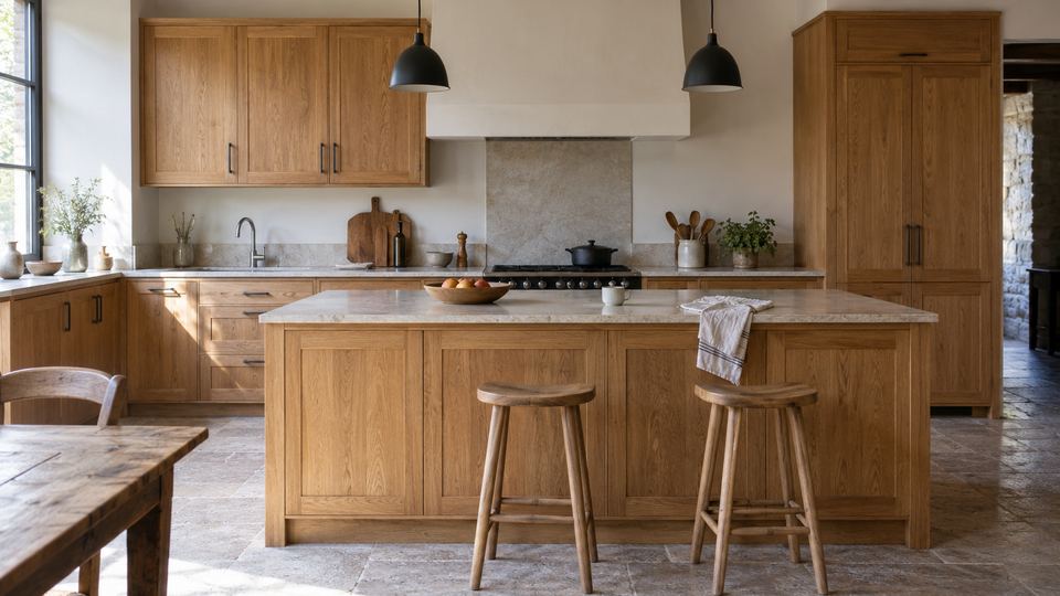 Cuisine en chêne baignée de soleil, avec un îlot central, deux tabourets et des colonnes toute hauteur