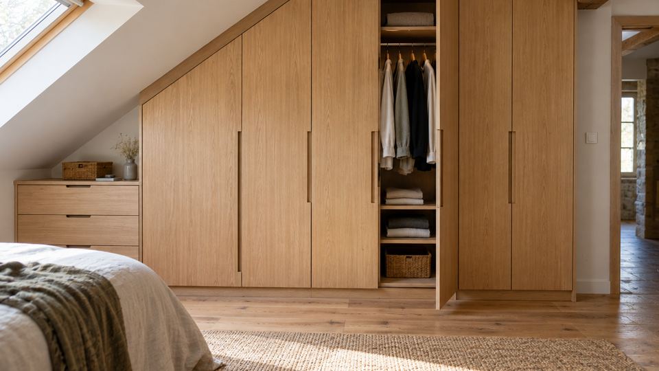 Dressing en chêne aménagé sous la pente du toit, une porte ouverte sur la penderie
