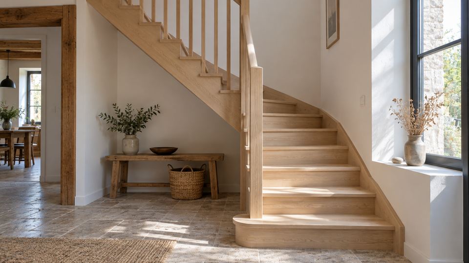 Escalier quart tournant en bois clair dans une entrée lumineuse, première marche arrondie