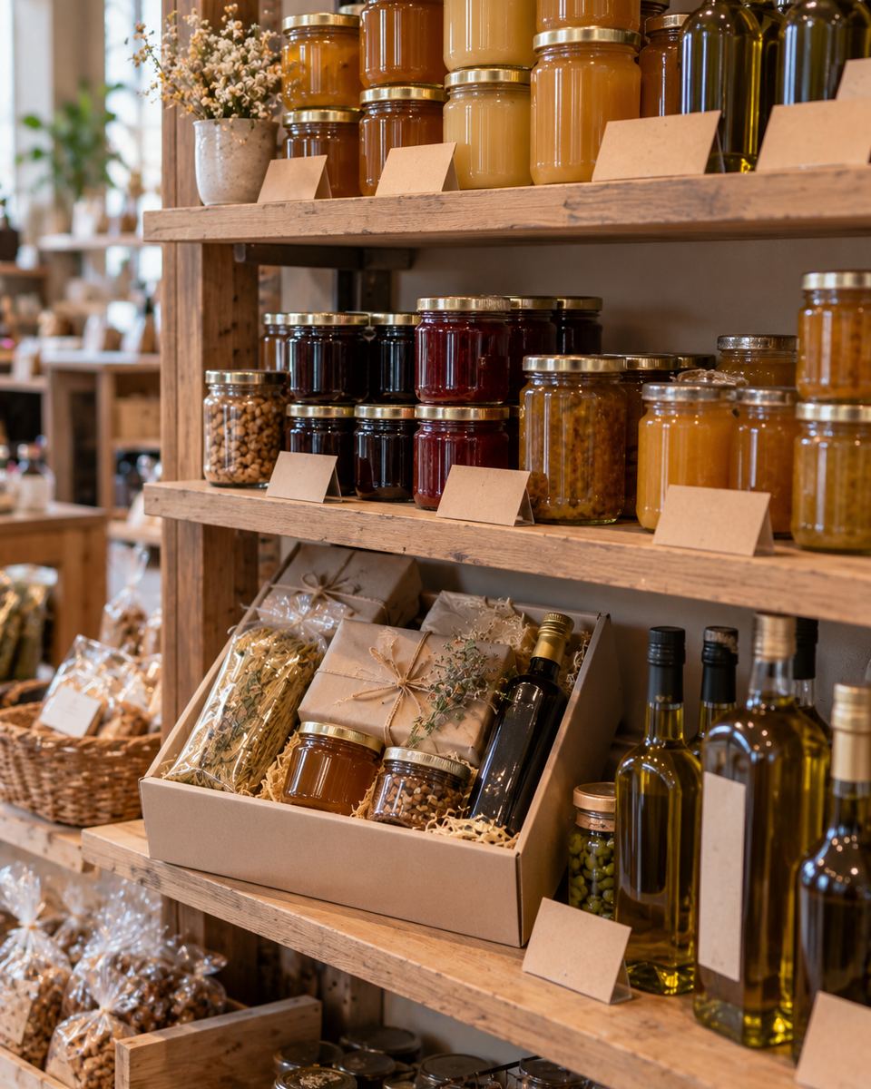 Des étagères en bois garnies de bocaux de miel et de confitures, de bouteilles d'huile et d'un coffret garni