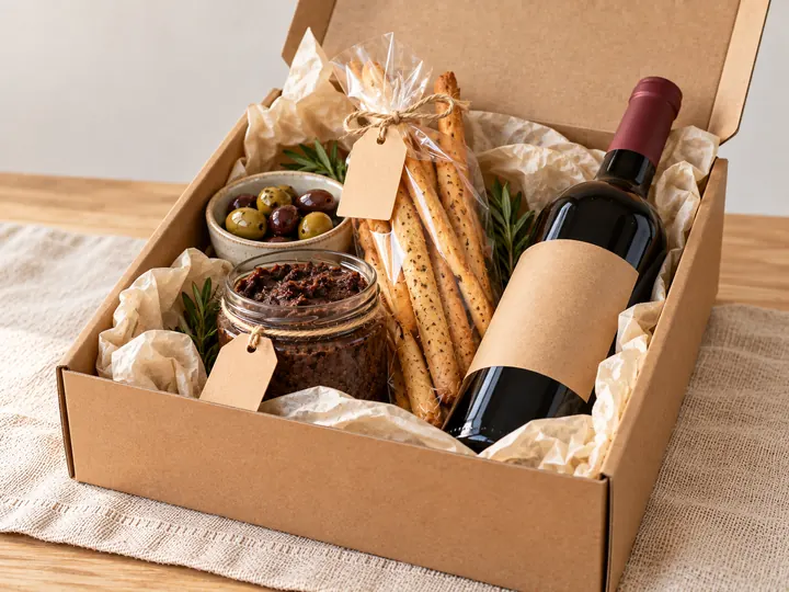 Coffret ouvert garni d'olives, de tapenade, de gressins et d'une bouteille de vin rouge