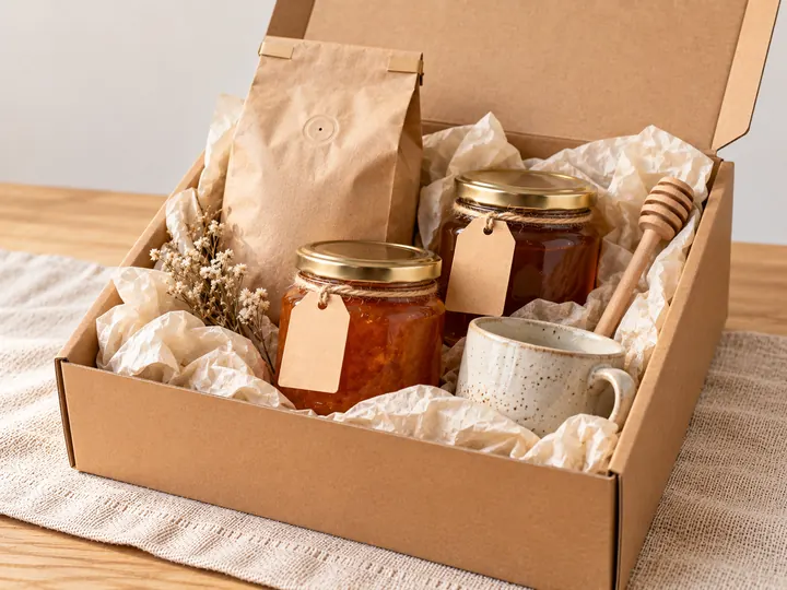 Coffret ouvert garni de café, de miel, de confiture d'abricot et d'une tasse en grès