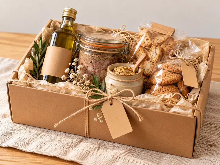 Coffret ficelé garni d'huile d'olive, de terrine, de moutarde et de biscuits