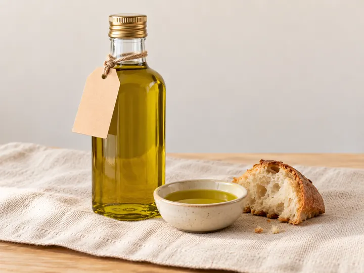 Bouteille d'huile d'olive, coupelle d'huile et morceau de pain de campagne