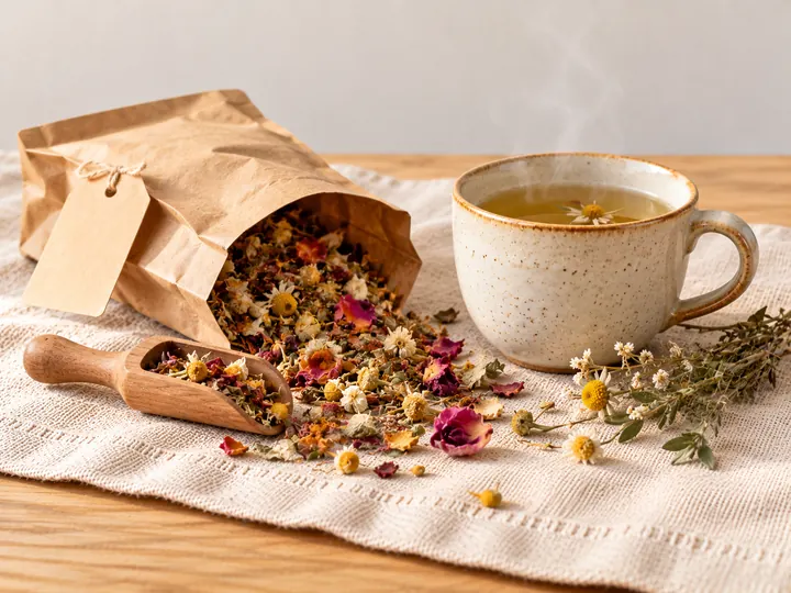 Sachet d'infusion aux fleurs séchées renversé près d'une tasse fumante