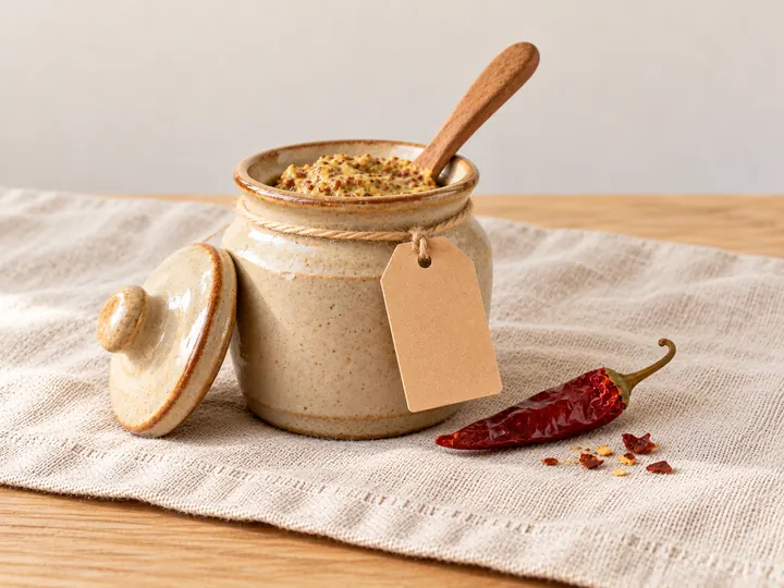 Pot de moutarde à l'ancienne en grès et sa cuillère, un piment rouge séché à côté