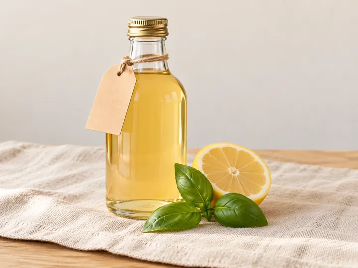 Bouteille de sirop citron et basilic, demi-citron et feuilles de basilic