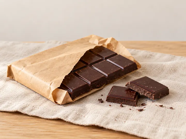 Tablette de chocolat noir entamée dans son papier kraft, quelques carrés à côté