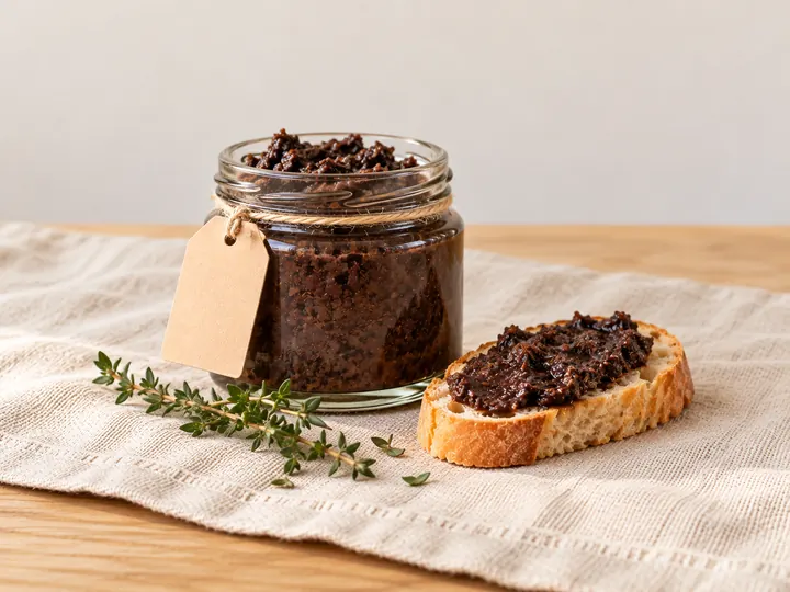 Bocal de tapenade noire, tartine de tapenade et brins de thym frais