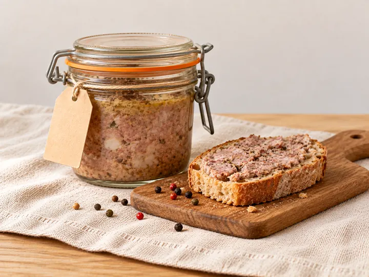 Bocal de terrine de campagne et tartine sur une planche en bois, grains de poivre
