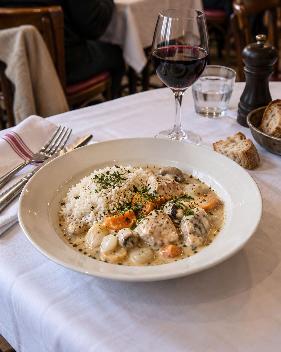 Une assiette de blanquette et son riz sur une nappe blanche, un verre de vin rouge à côté, dans la salle du bistrot