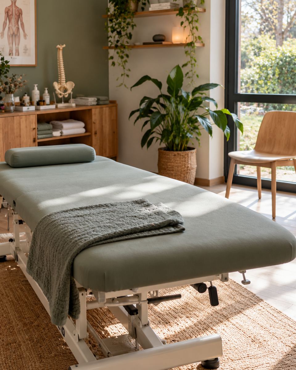 Une table de massage vert sauge dans un cabinet lumineux, plantes vertes et baie vitrée ouverte sur le jardin