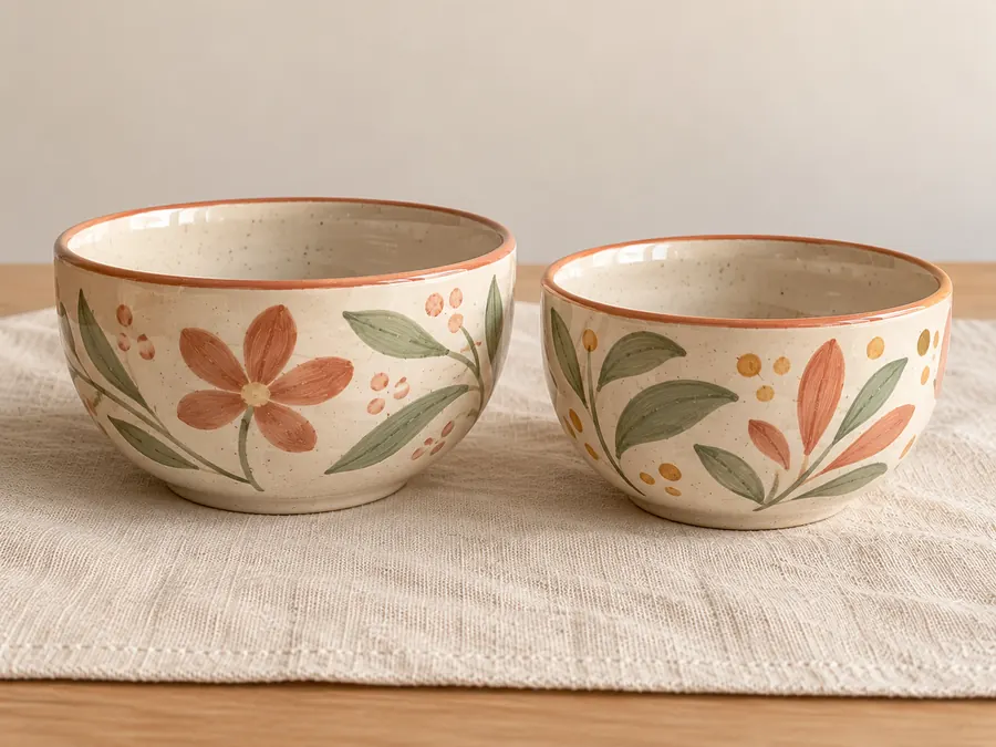 Deux bols peints de fleurs et de feuillages, au liseré terracotta