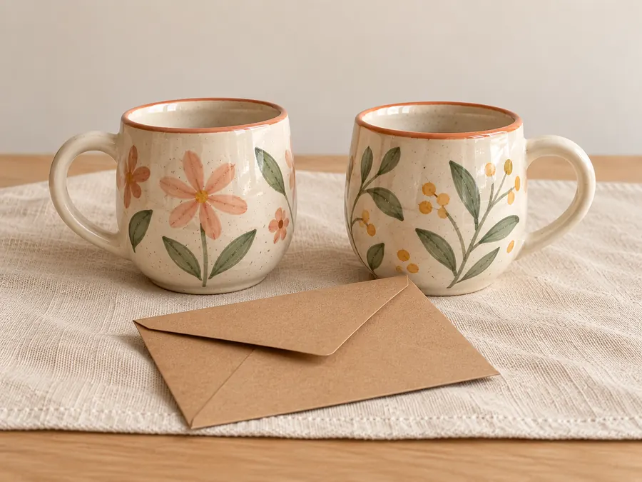Deux tasses fleuries et une enveloppe en kraft