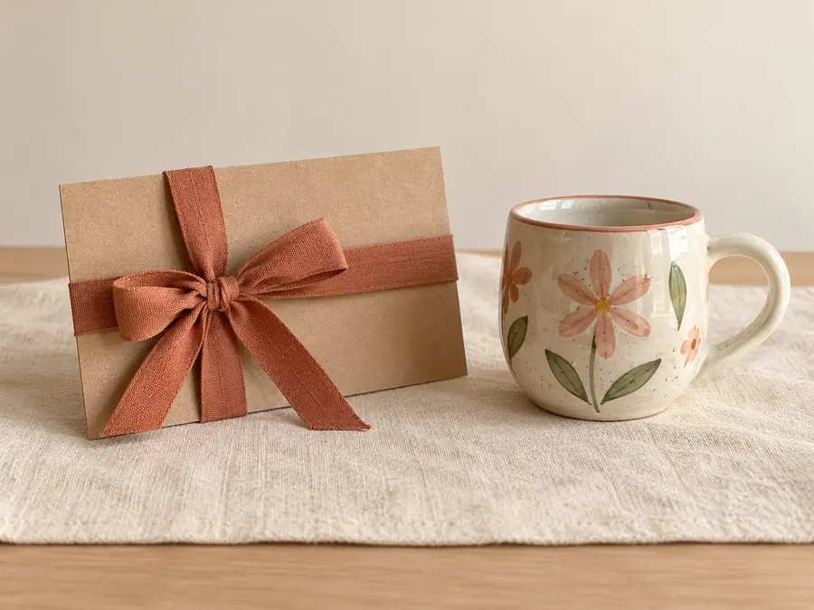 Une carte cadeau en kraft nouée d'un ruban, à côté d'une tasse fleurie