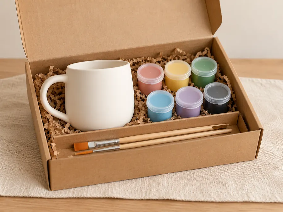 Le kit à peindre dans sa boîte, une tasse blanche, des pots de couleur et deux pinceaux