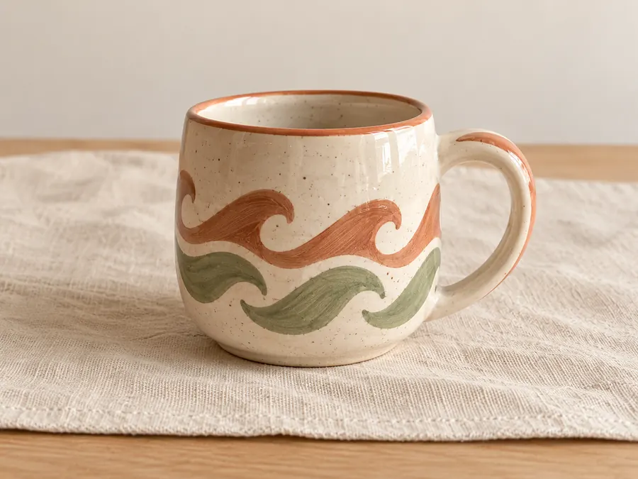 Un mug aux vagues terracotta et vert sauge, peint à la main