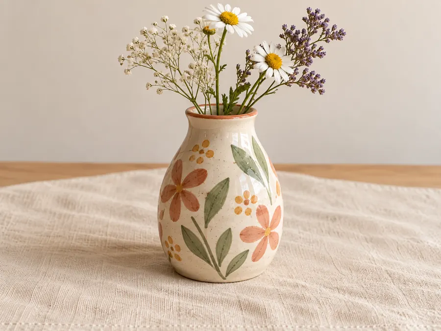 Un petit vase rond décoré de fleurs, garni d'un bouquet de marguerites