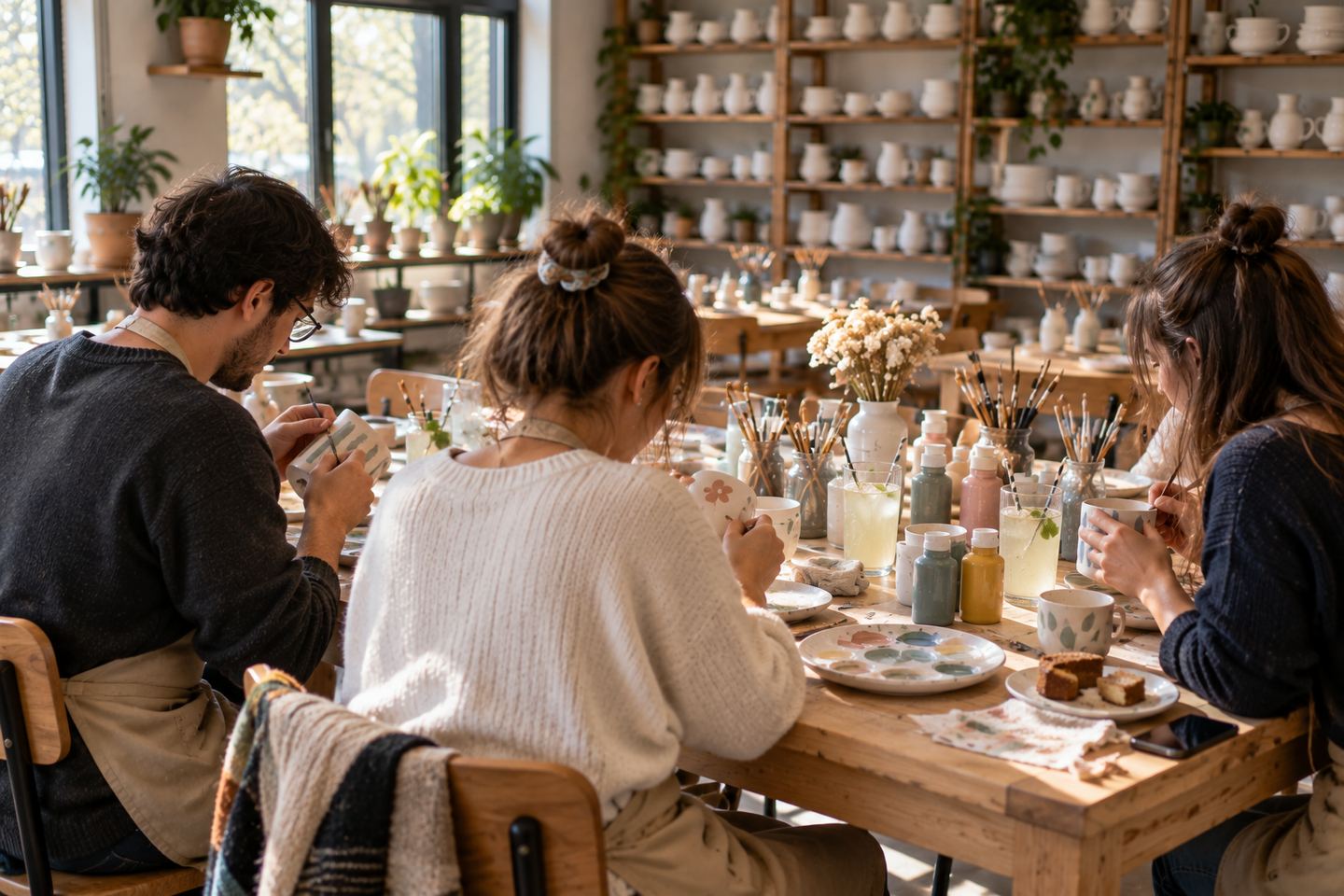 Trois personnes peignent leur céramique autour de la même table