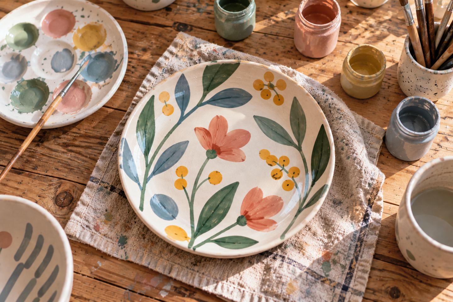 Une assiette fleurie sortie de cuisson, couleurs vives et émail brillant