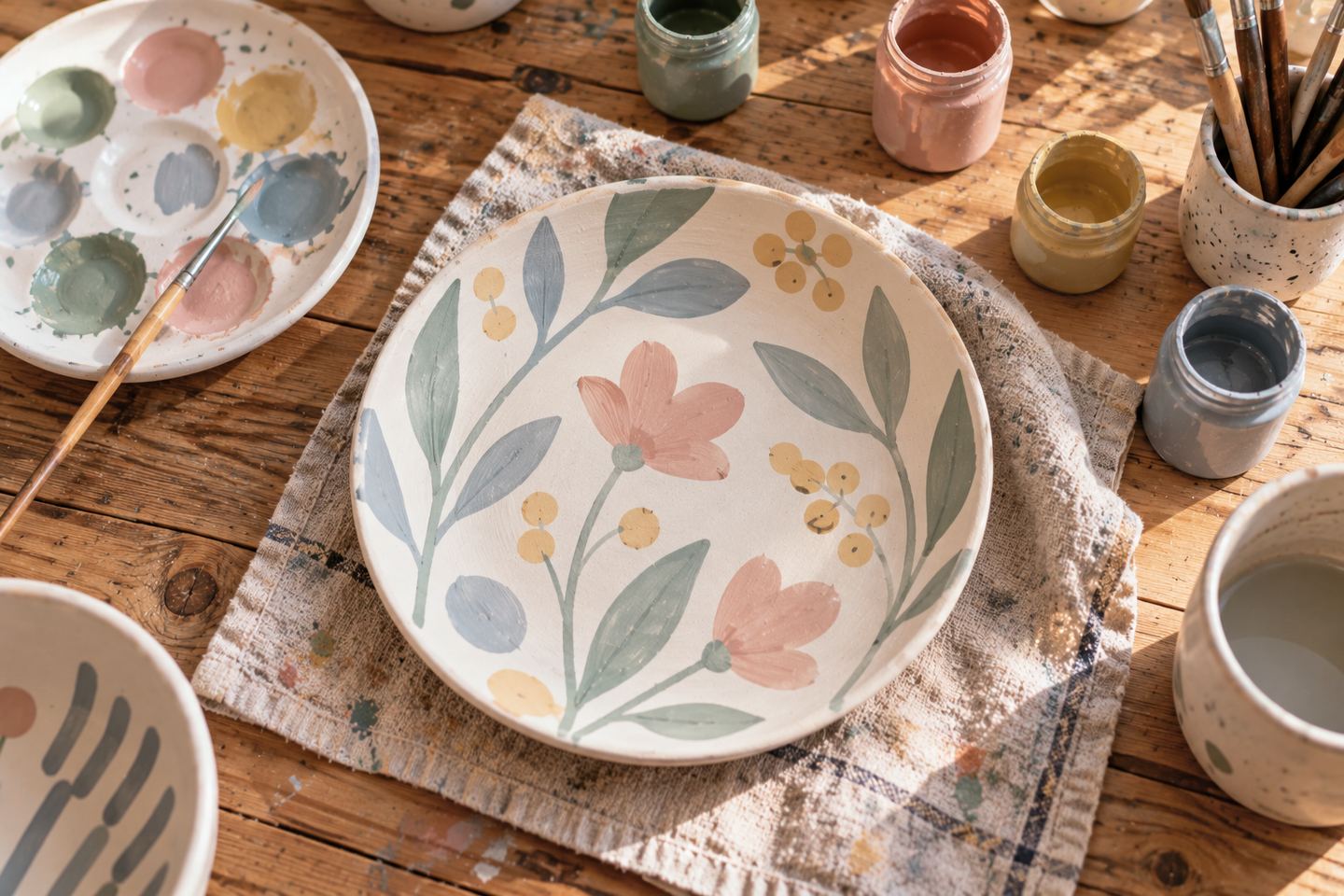 L'assiette juste peinte, fleurs aux couleurs pâles et mates