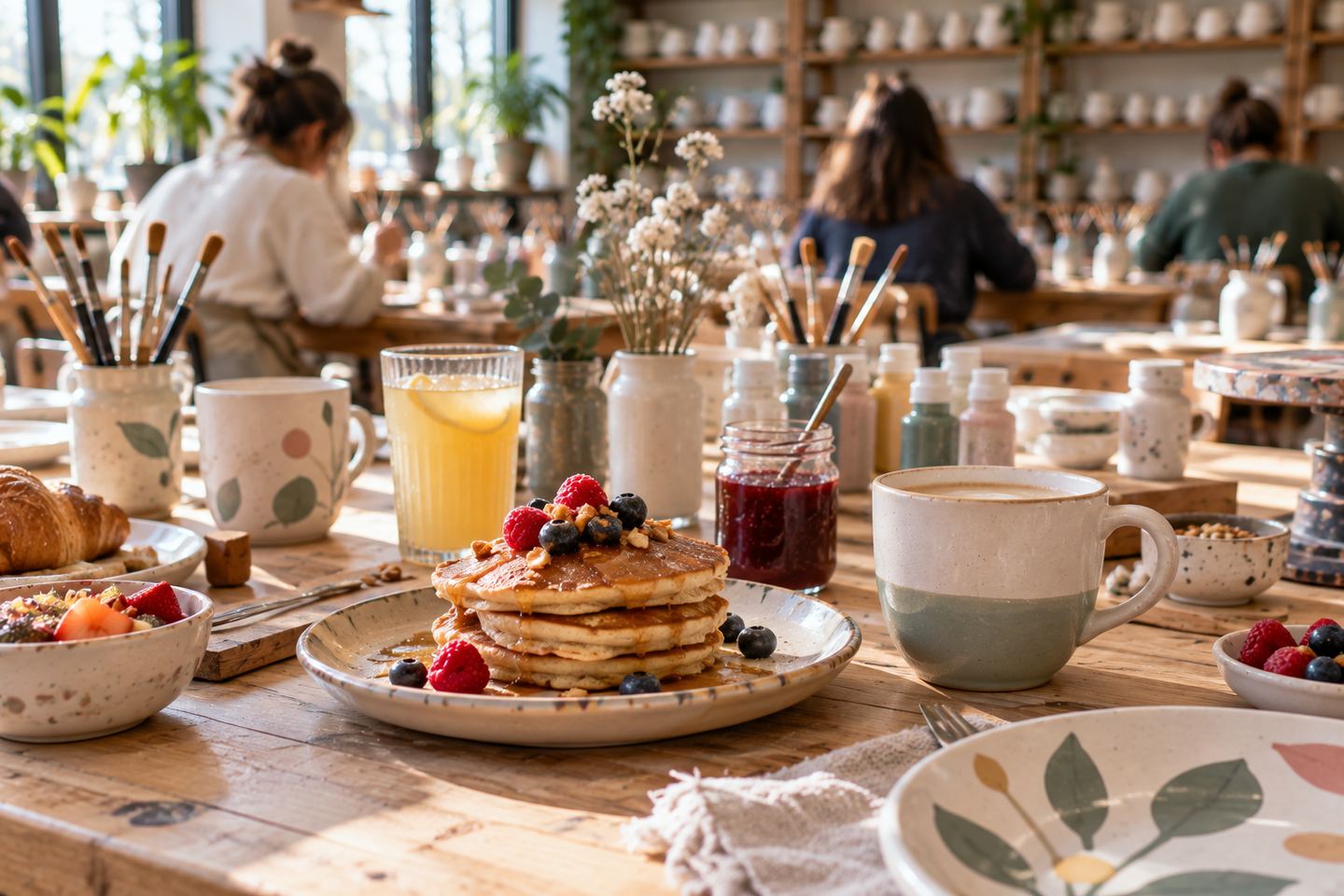 Un brunch servi sur une table d'atelier, pancakes aux fruits rouges, café, jus d'orange et croissants