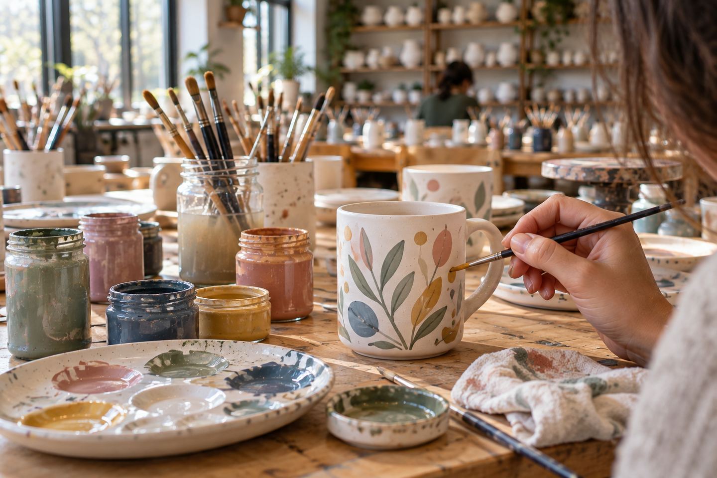 Une tasse décorée de feuilles colorées, terminée au pinceau