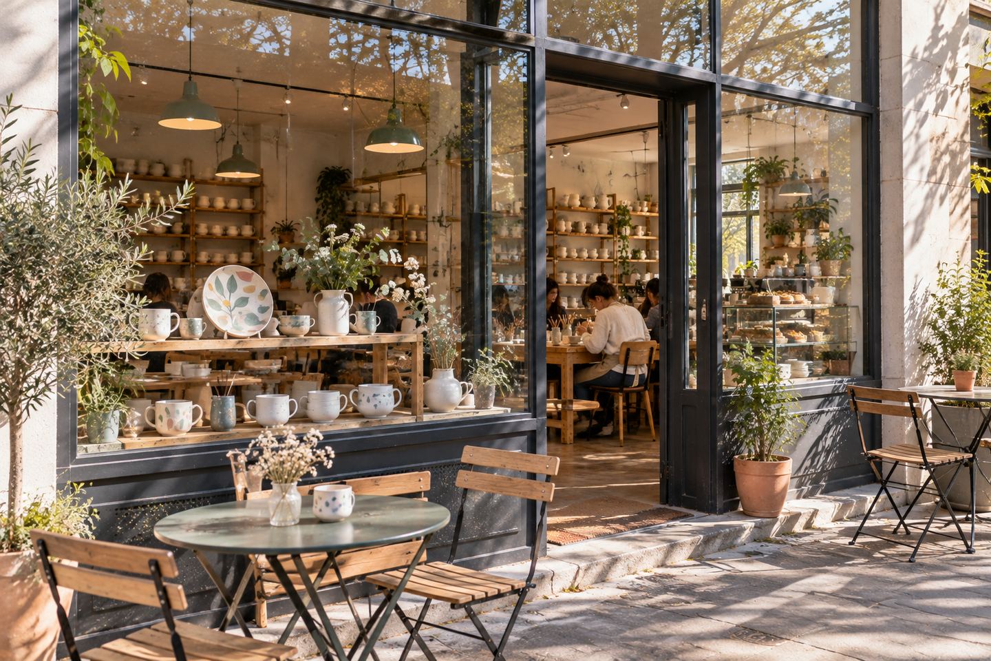 La devanture vitrée ouverte sur l'atelier, avec sa petite terrasse au soleil