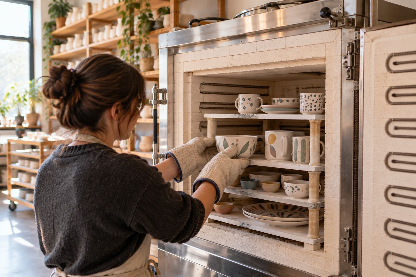 Une céramiste en gants sort du four une fournée de bols et de tasses émaillés