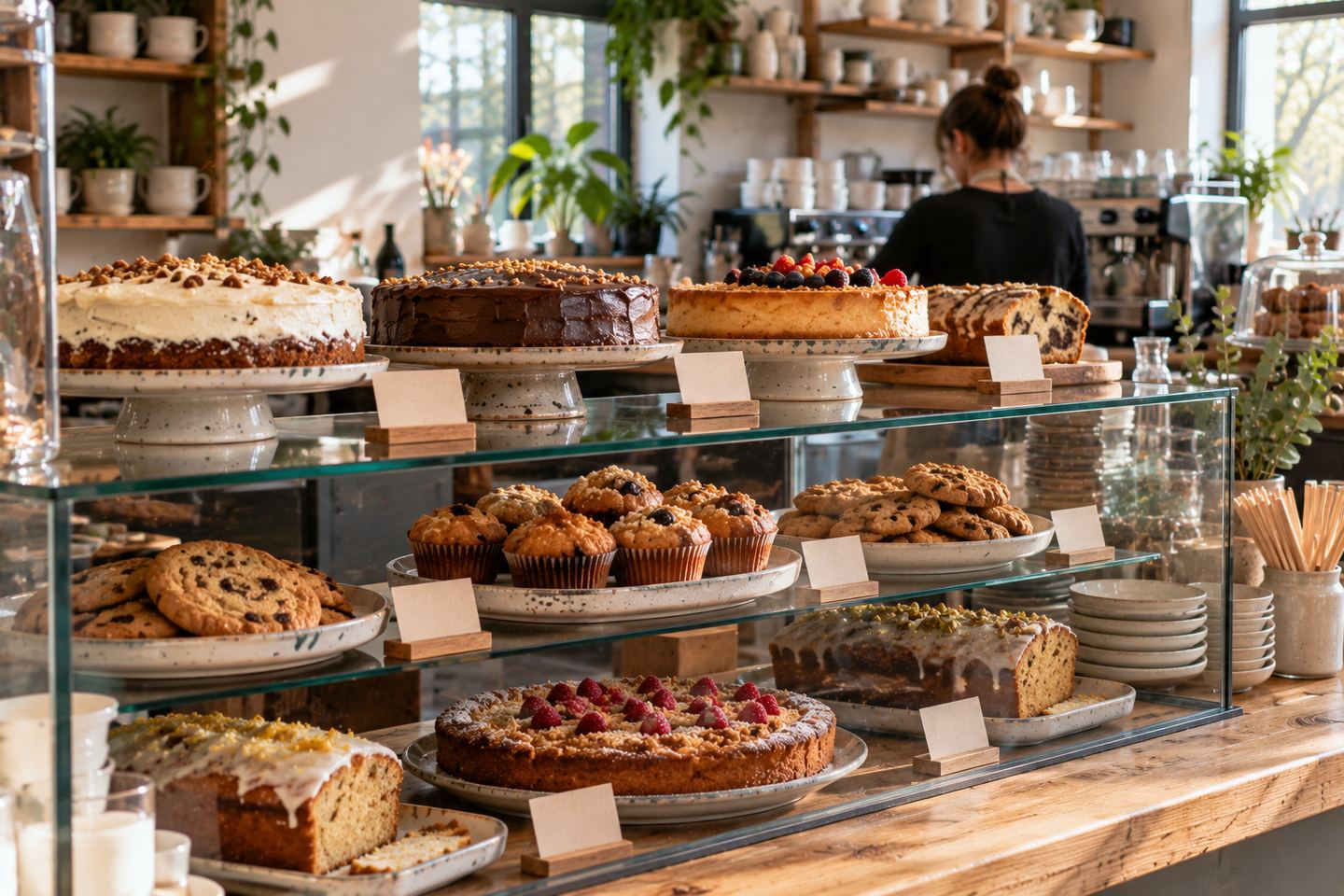 La vitrine gourmande du jour, gâteaux entiers, muffins, cookies et cakes