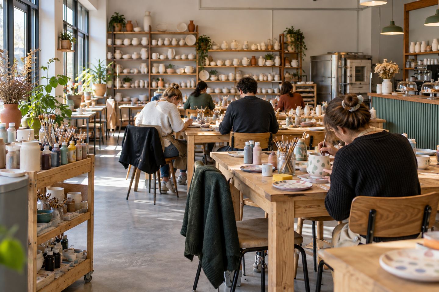 La salle de l'atelier, grandes tables en bois, étagères de céramiques blanches et quelques personnes qui peignent