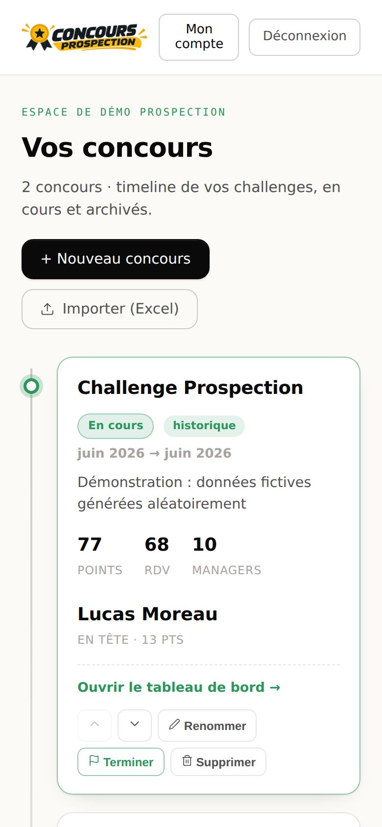 Démo de Concours Prospection sur téléphone : le challenge en cours, ses points, ses rendez-vous et le manager en tête