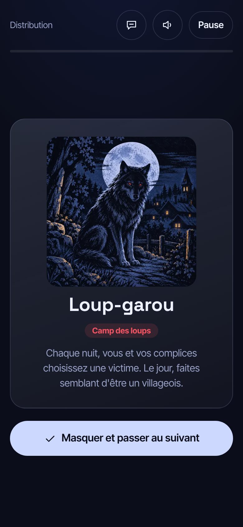 Pleine Lune sur téléphone : la carte secrète d'un joueur, le loup-garou du camp des loups, à masquer avant de passer le téléphone