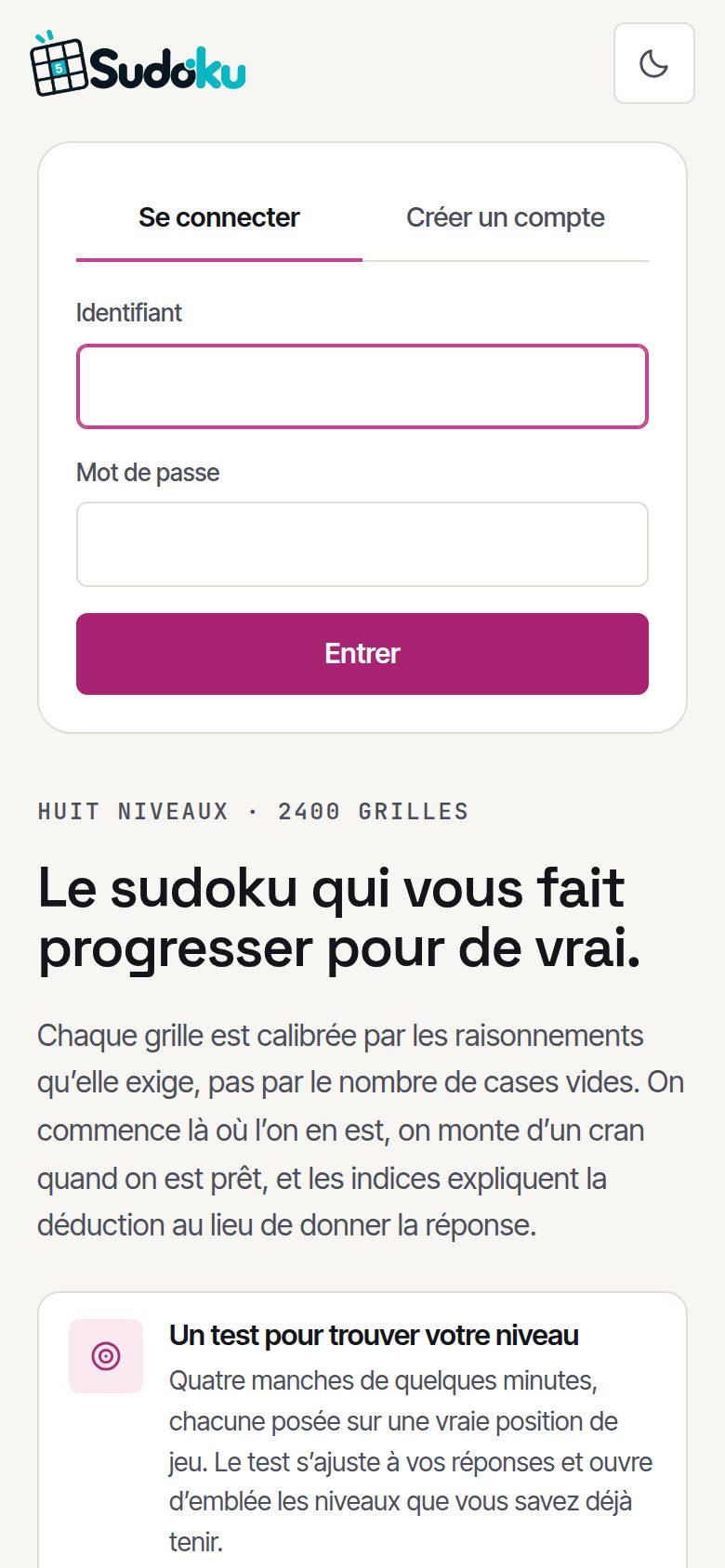 Sudoku sur téléphone : la connexion, puis la présentation des huit niveaux et du test de niveau