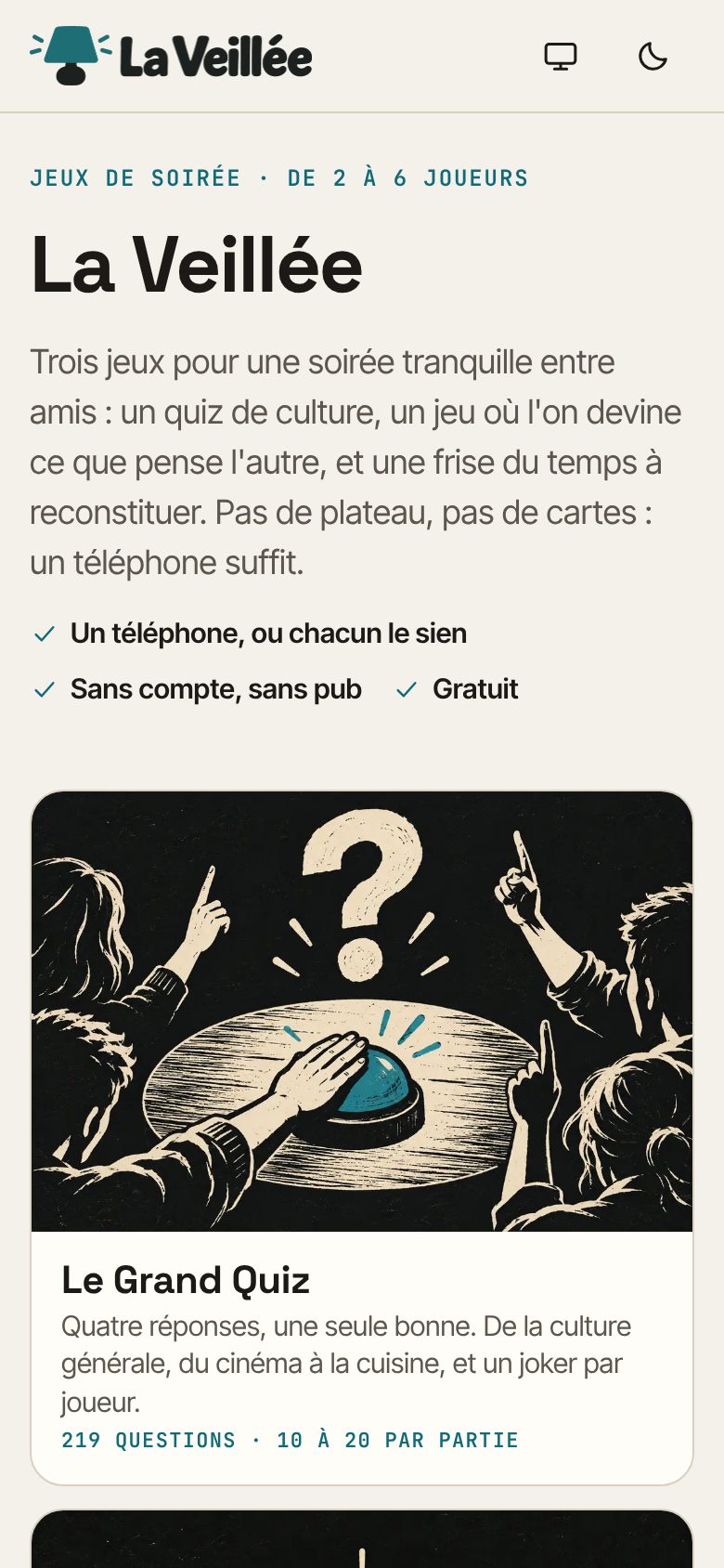 La Veillée sur téléphone, l'accueil : « Trois jeux pour une soirée tranquille entre amis », puis la carte illustrée du Grand Quiz