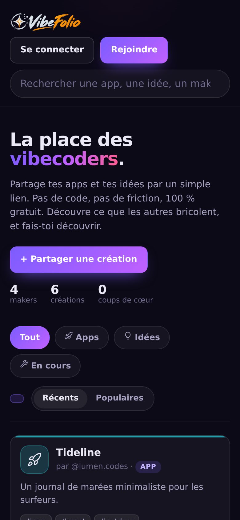 Écran de VibeFolio sur téléphone