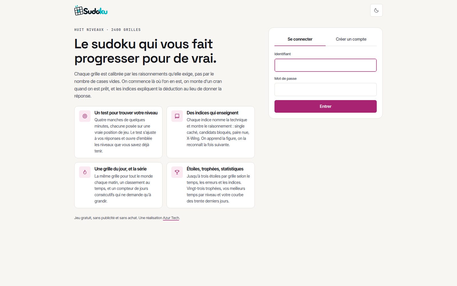 Page d'accueil de Sudoku sur ordinateur : la présentation des huit niveaux, quatre encarts (le test de niveau, les indices, la grille du jour, les trophées) et la connexion à droite