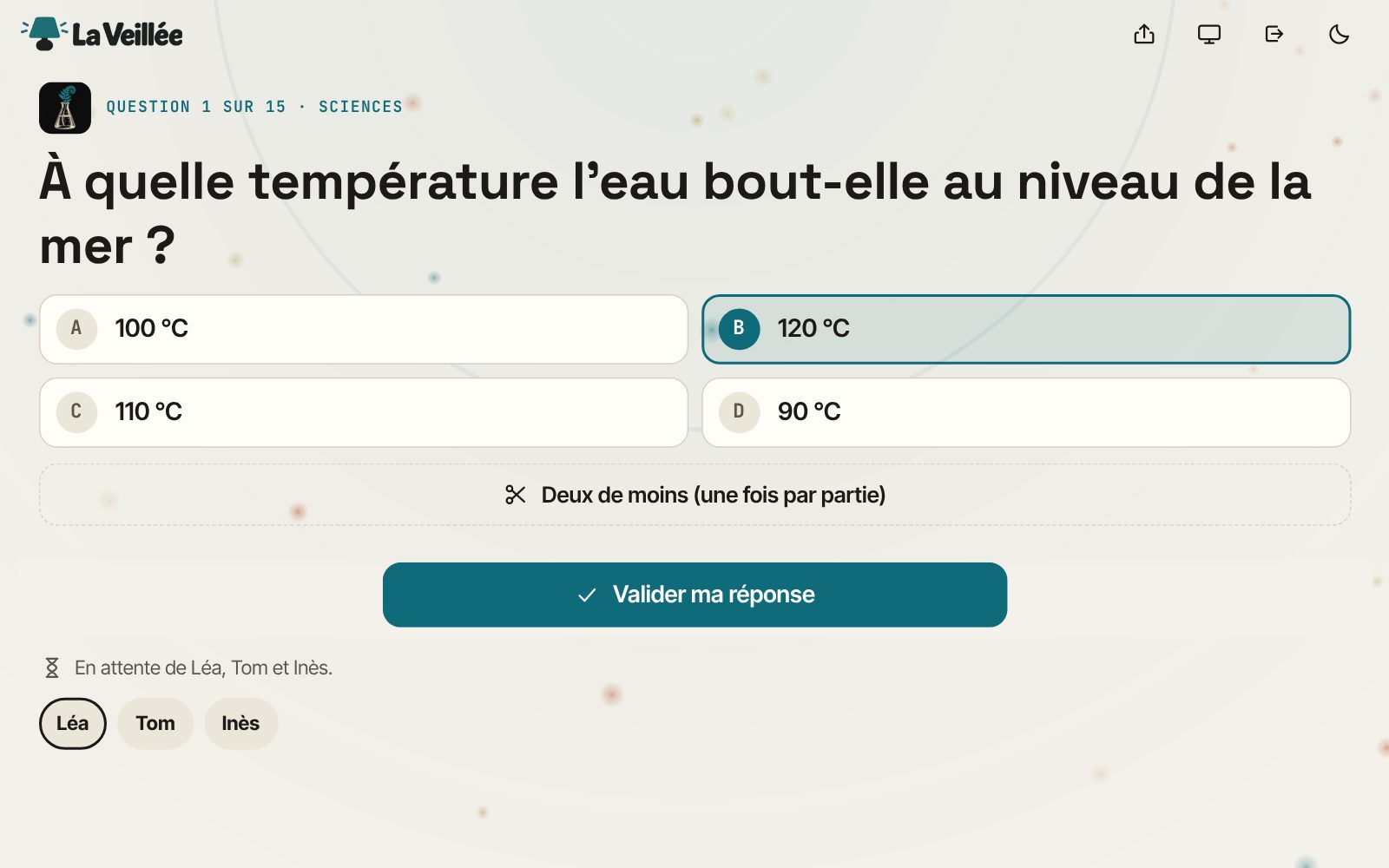 La Veillée sur ordinateur, une question du Grand Quiz : l'illustration de son thème, quatre réponses dont une choisie, le joker « Deux de moins » et le bouton « Valider ma réponse »