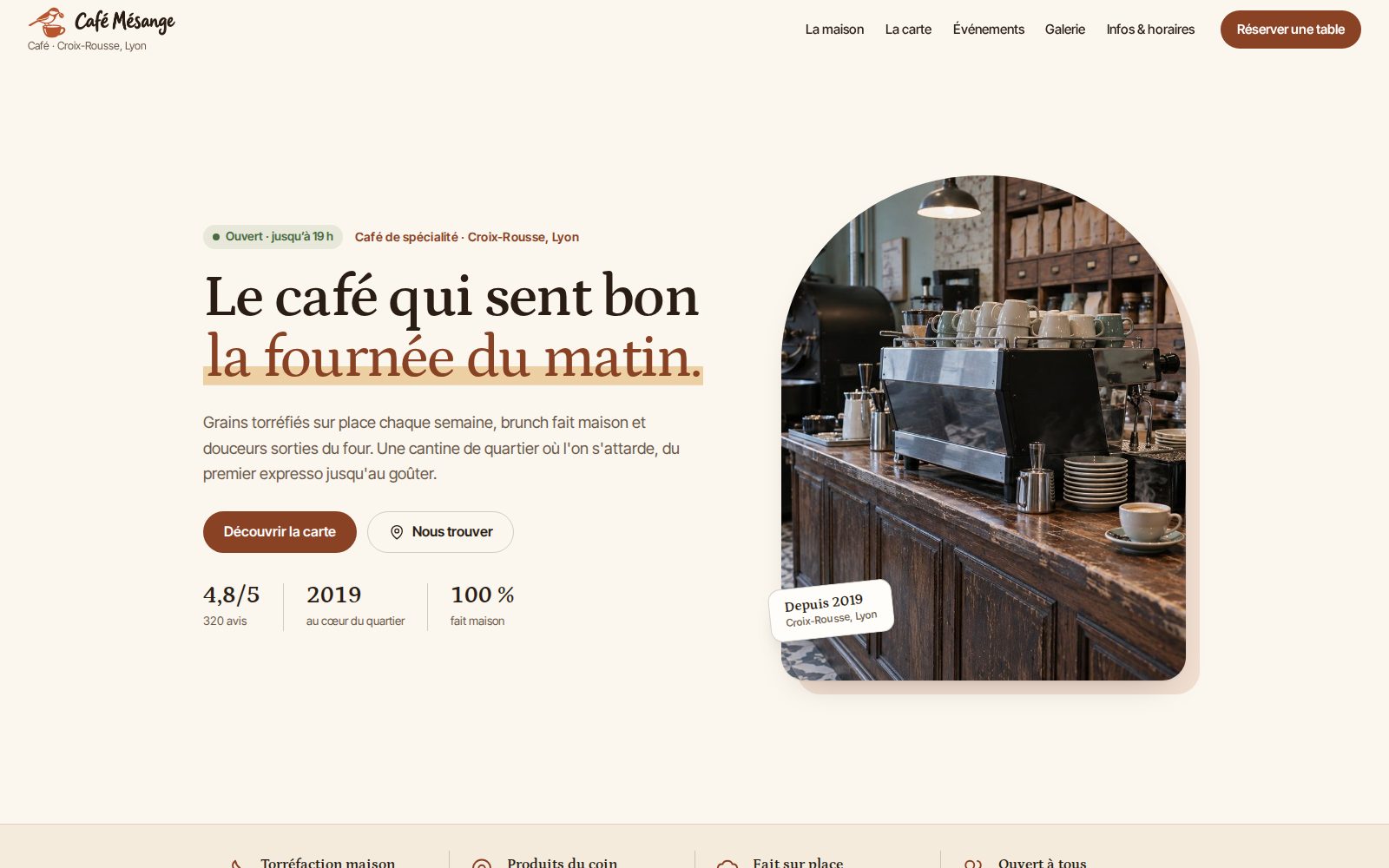 Modèle de site vitrine pour un café, page d'accueil