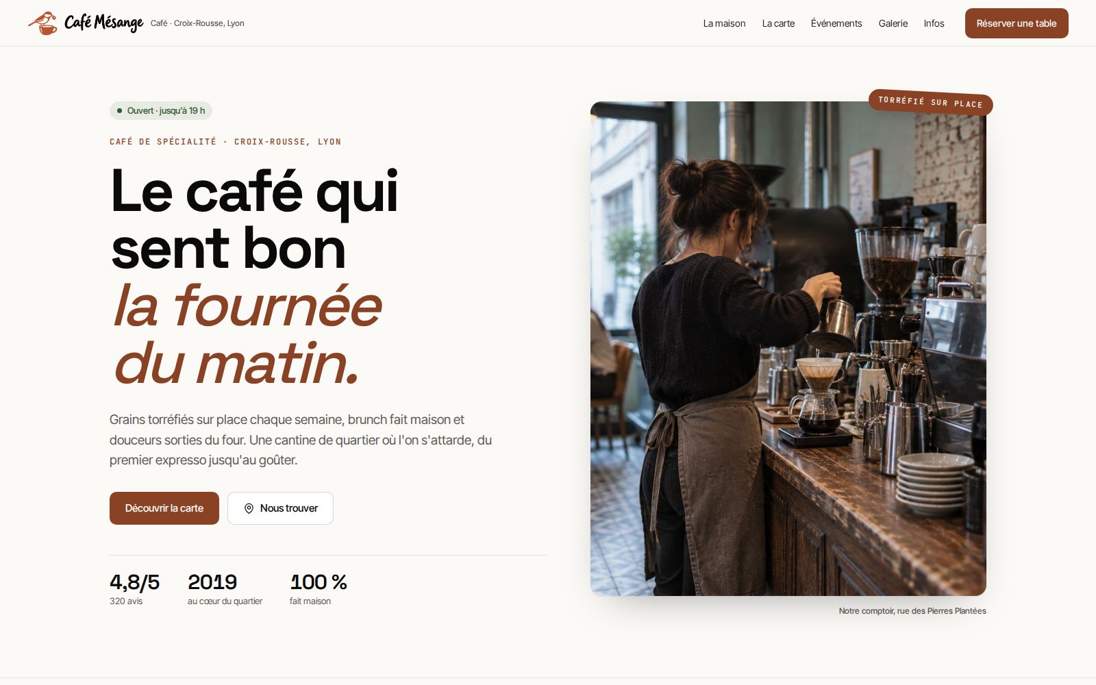 Modèle de site pour un café, style Éditorial