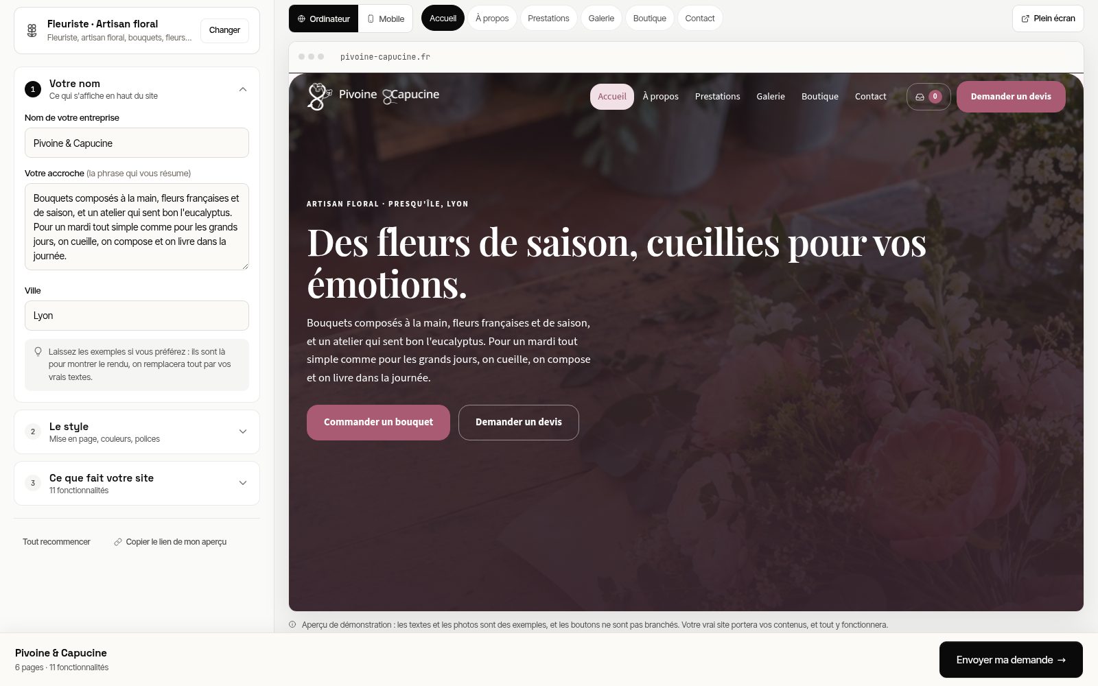 Le configurateur : les réglages à gauche, le site qui se construit en direct à droite